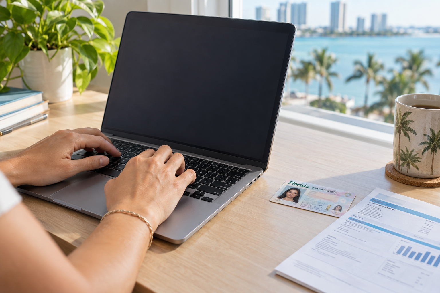 Close-up of hands typing a home address into an online form on a laptop keyboard
