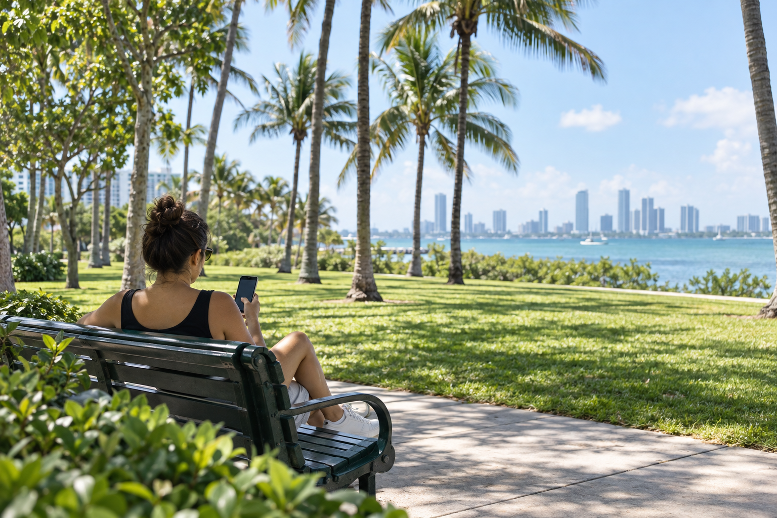 Person reading an e-book on a phone outdoors in a sunny South Florida park setting