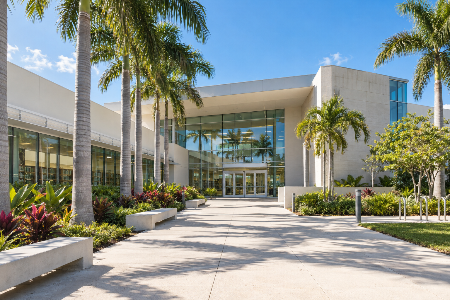 Exterior of a Miami-Dade public library branch on a sunny day