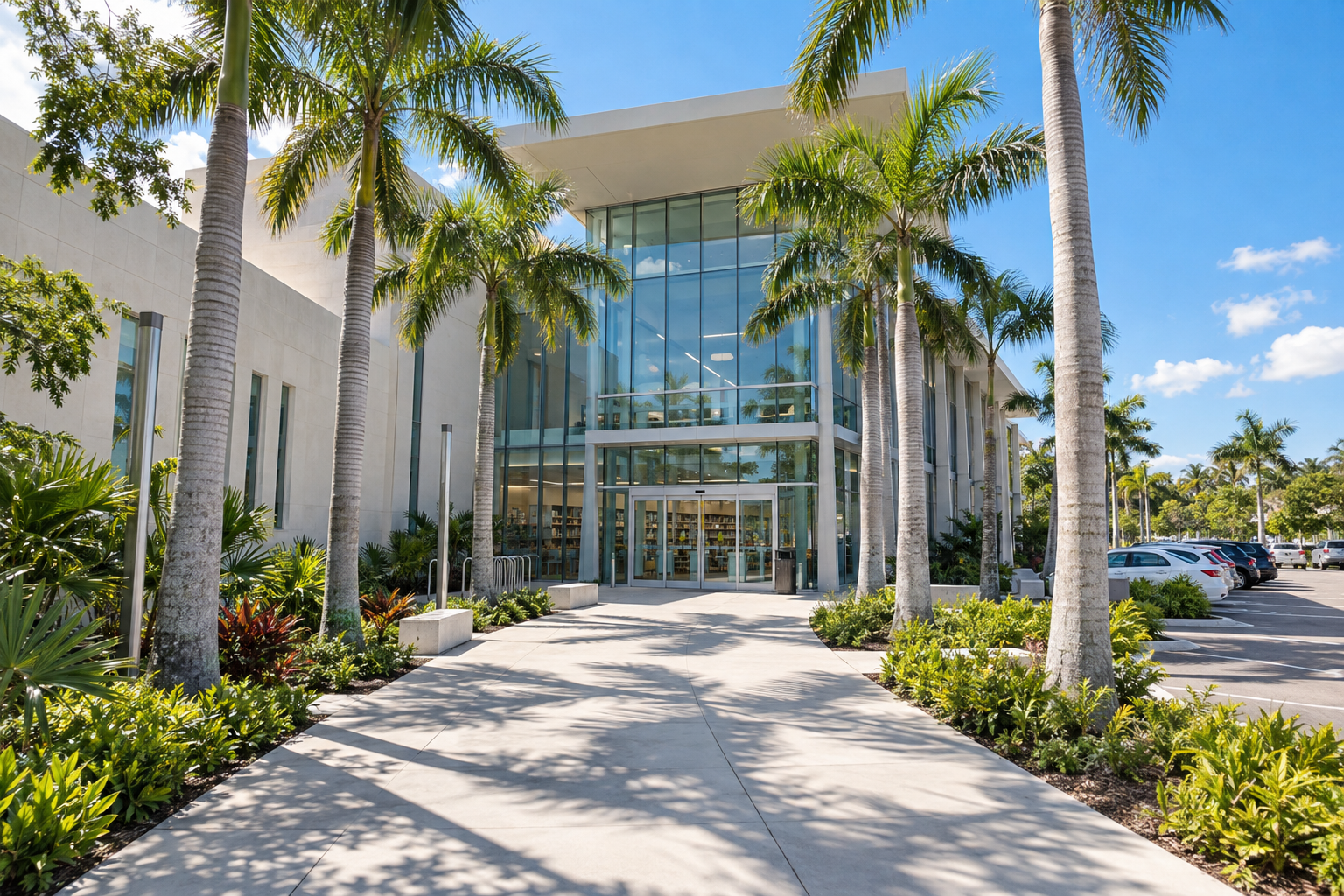 Exterior of a Miami-Dade Public Library branch on a bright sunny day