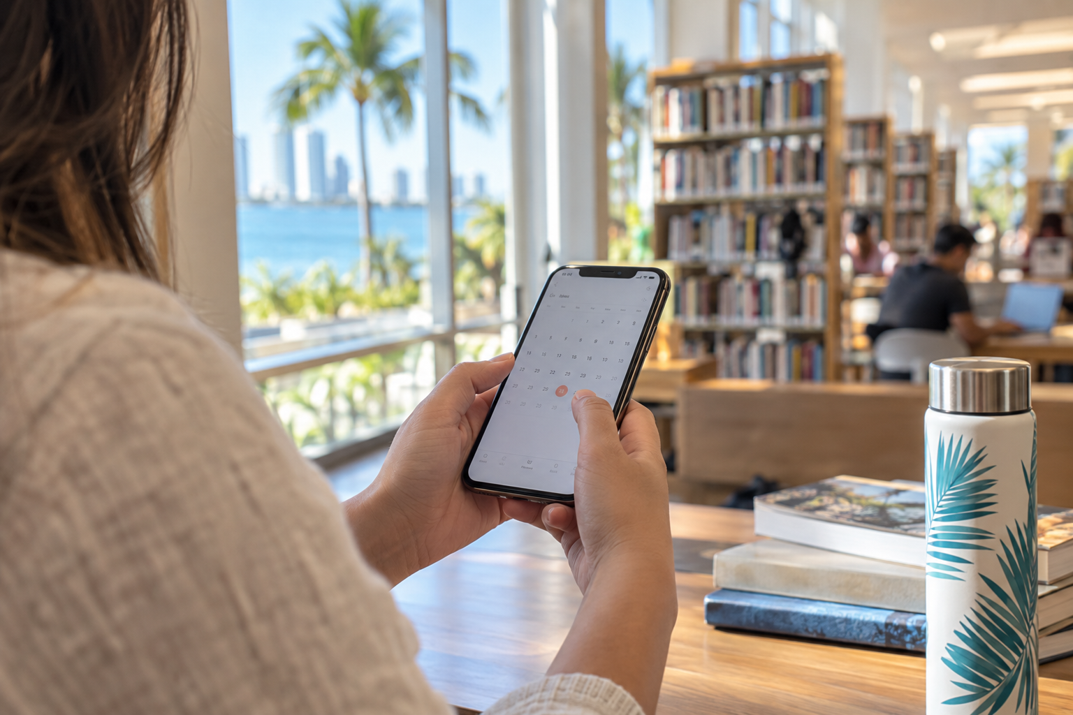 Person holding a smartphone searching a library website for available museum pass dates