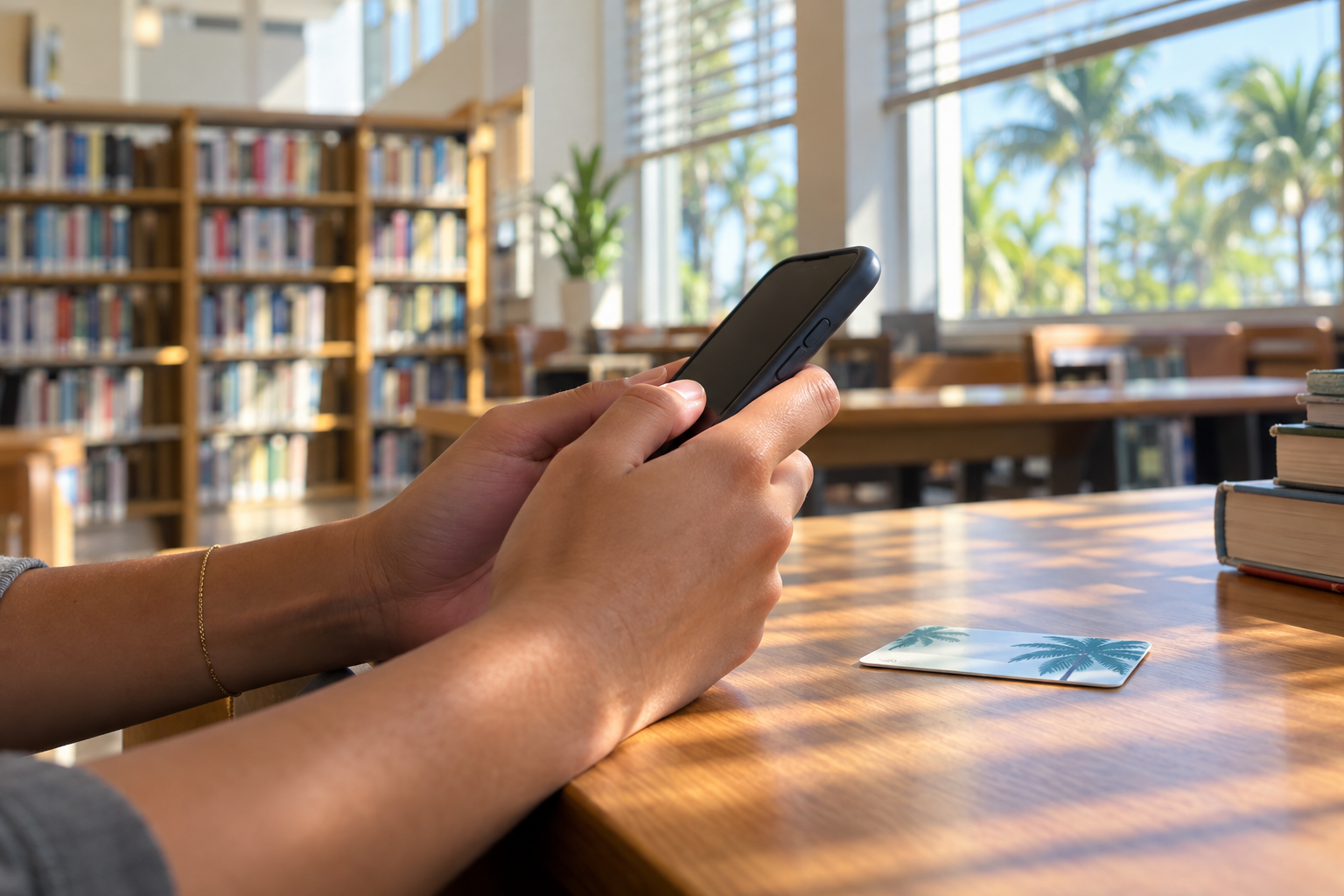 Person holding a smartphone to reserve a museum pass date at a library table