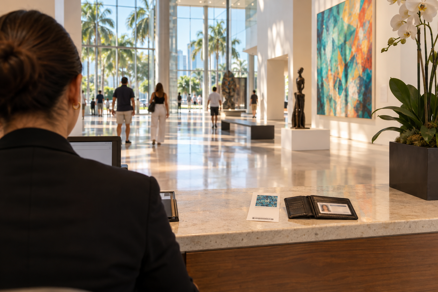 Family at a museum admissions desk presenting a pass and photo ID