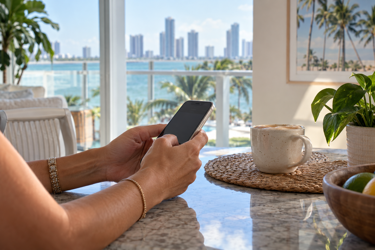 Person holding a smartphone while sitting at a table, searching for information
