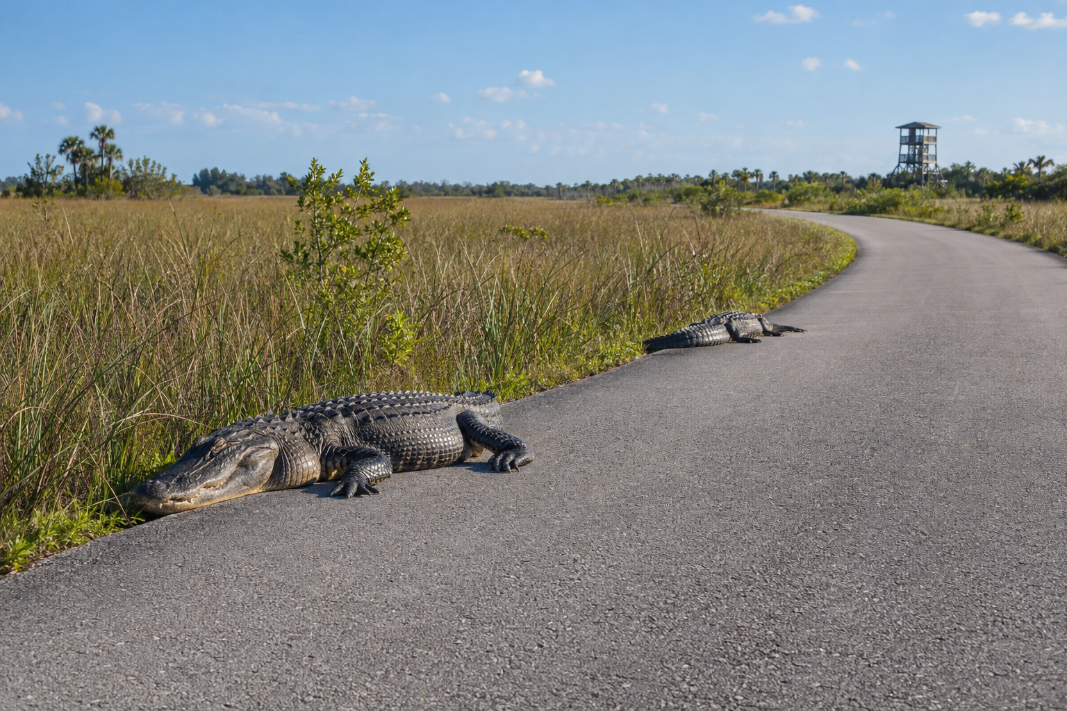 Paved loop road at Shark Valley with alligators resting along the edge of the sawgrass