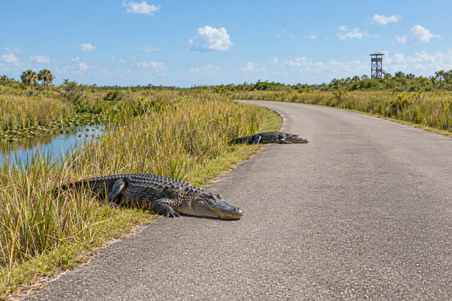 Paved loop road through sawgrass at Shark Valley with alligators resting on the asphalt edge