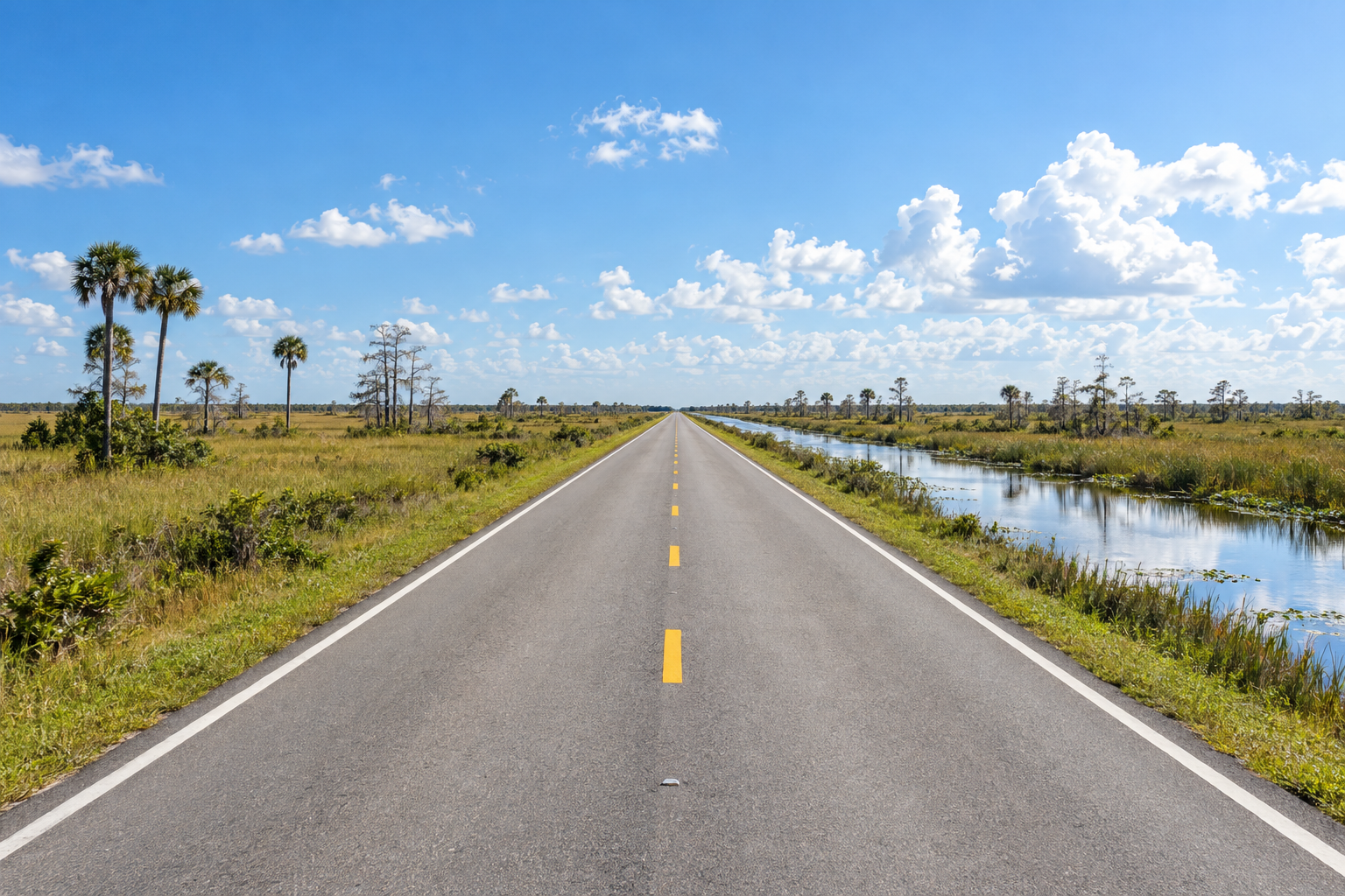 Tamiami Trail highway running straight through Everglades sawgrass west of Miami