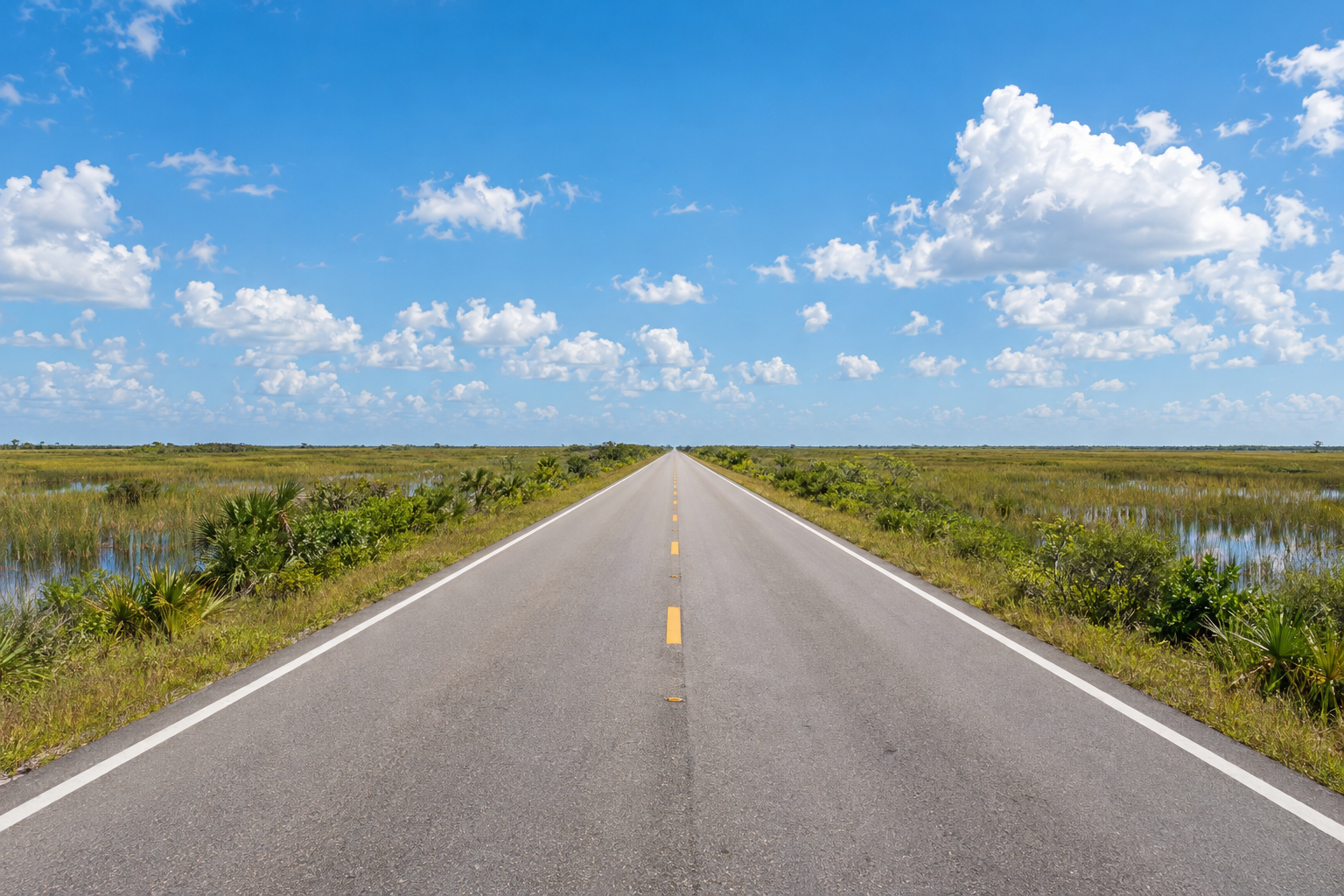 Tamiami Trail highway cutting through Everglades sawgrass with a straight flat horizon