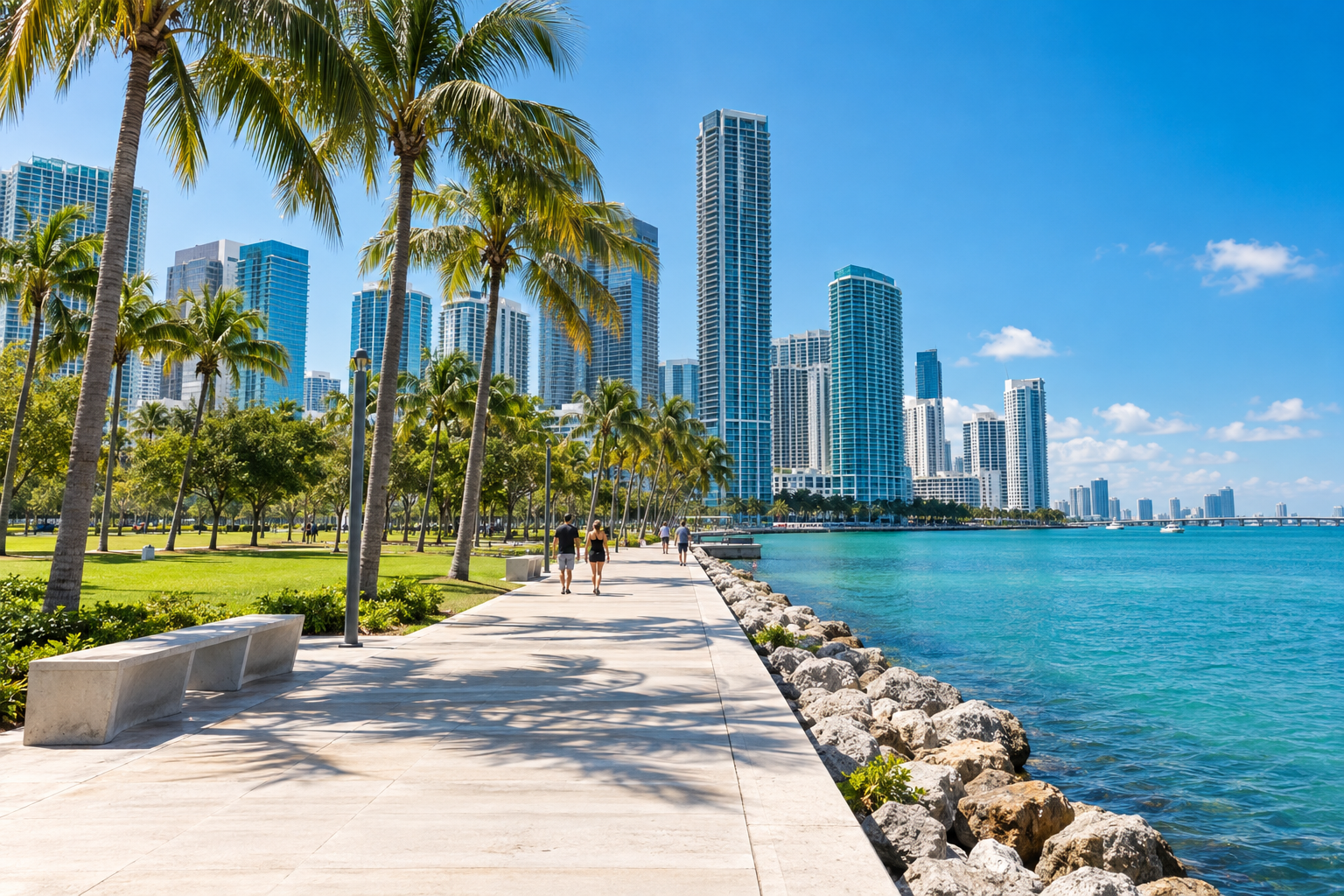 Maurice A. Ferré Park waterfront promenade with Biscayne Bay and downtown Miami skyline visible
