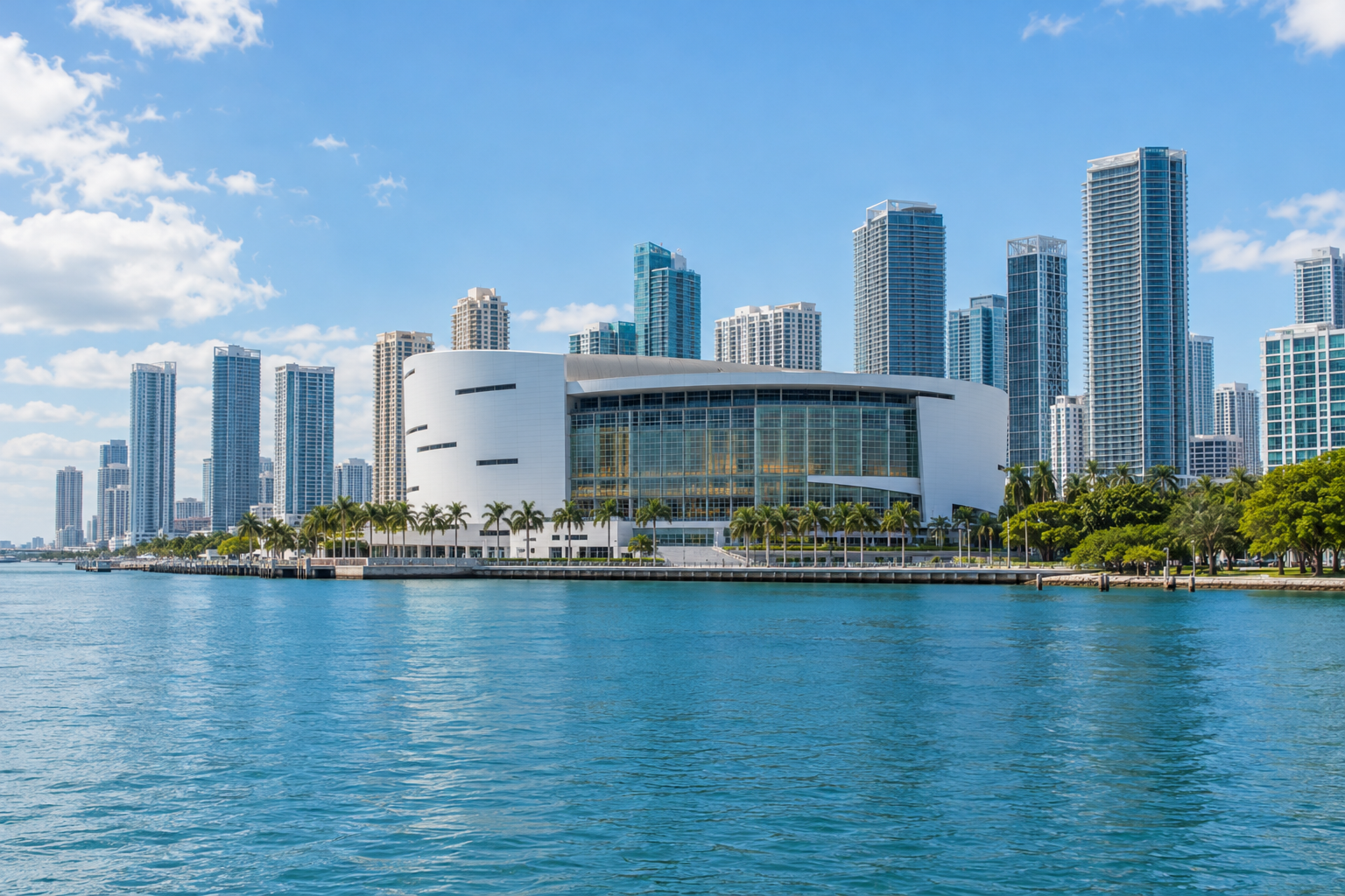 Kaseya Center seen from Biscayne Bay waterfront with downtown Miami skyline behind it