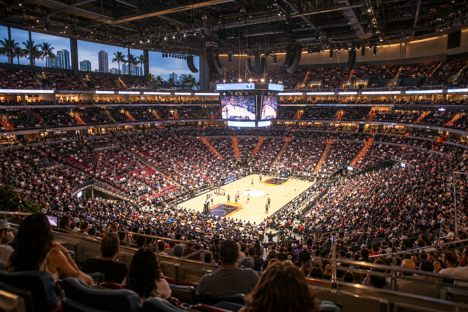 Interior view of Kaseya Center seating bowl looking toward the arena floor during a sold-out event