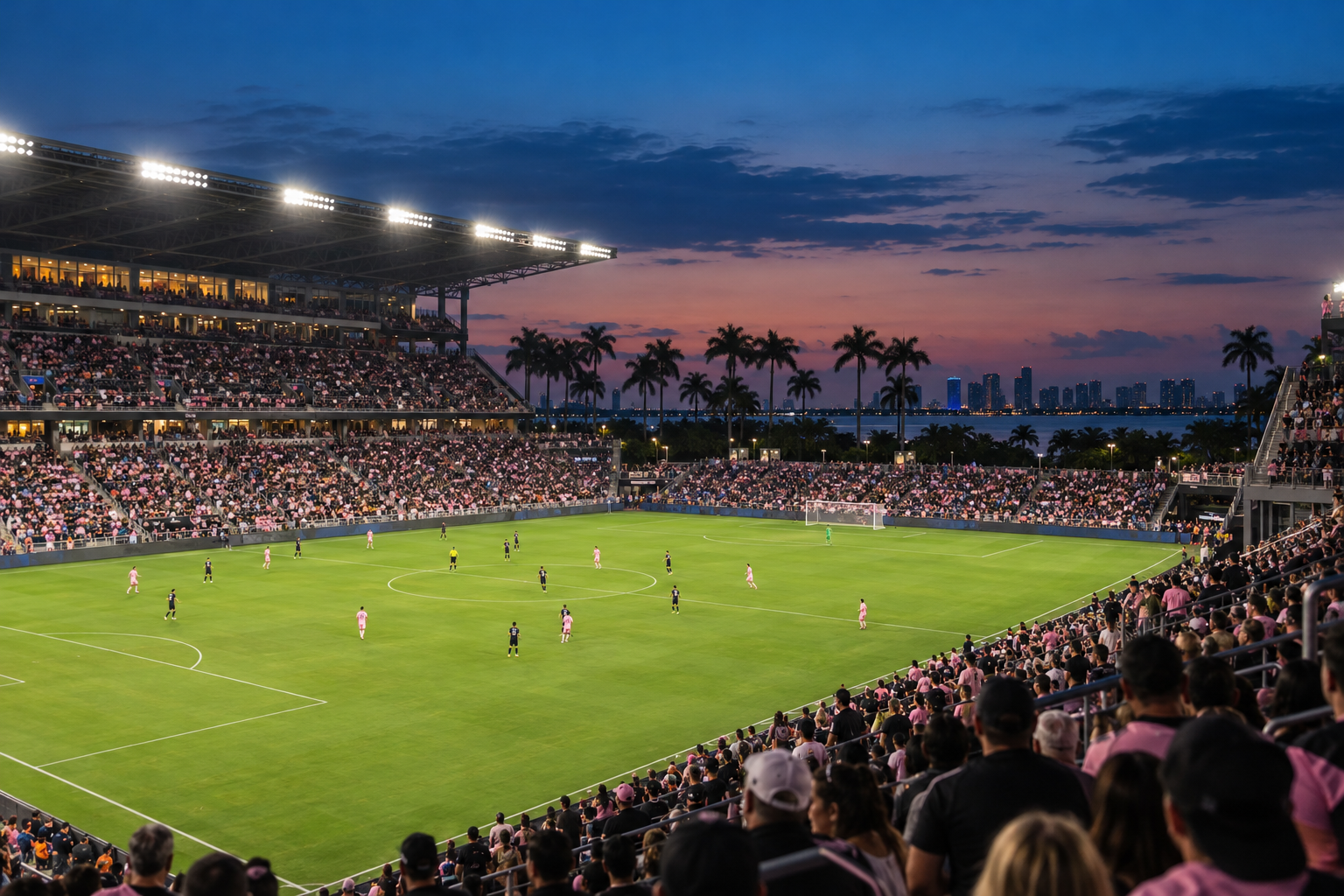 Inter Miami CF supporters filling the stands at Chase Stadium on a warm Fort Lauderdale evening