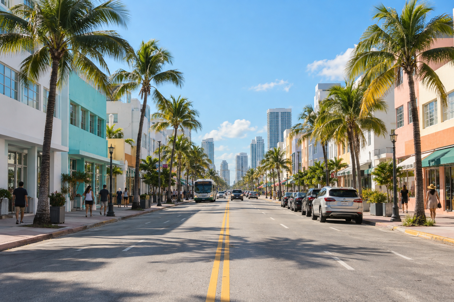 Street view of NE 2nd Avenue running through Little Haiti between modest commercial buildings and palm trees