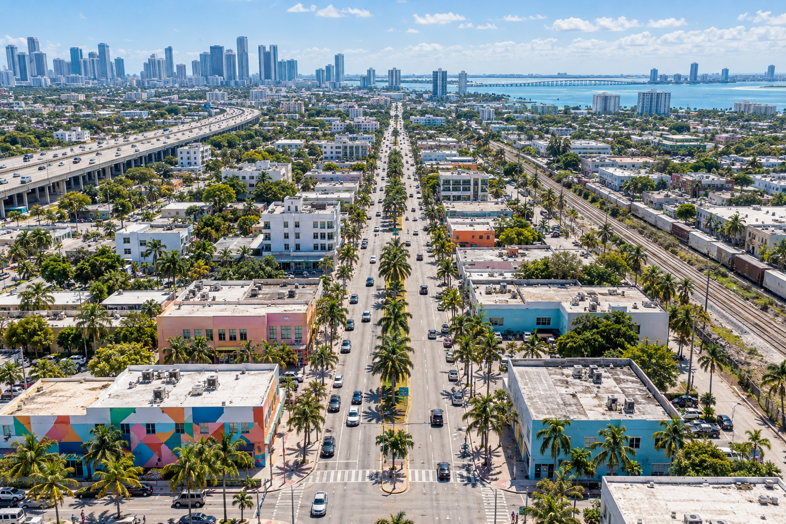 Aerial view of the Little Haiti neighborhood showing NE 2nd Avenue running north through Miami