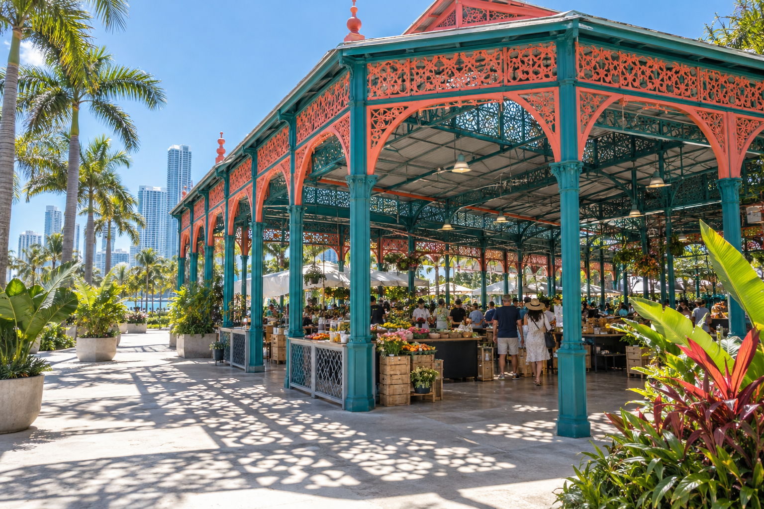 Caribbean Marketplace pavilion at the Little Haiti Cultural Complex with its open-sided iron framework and colorful flags
