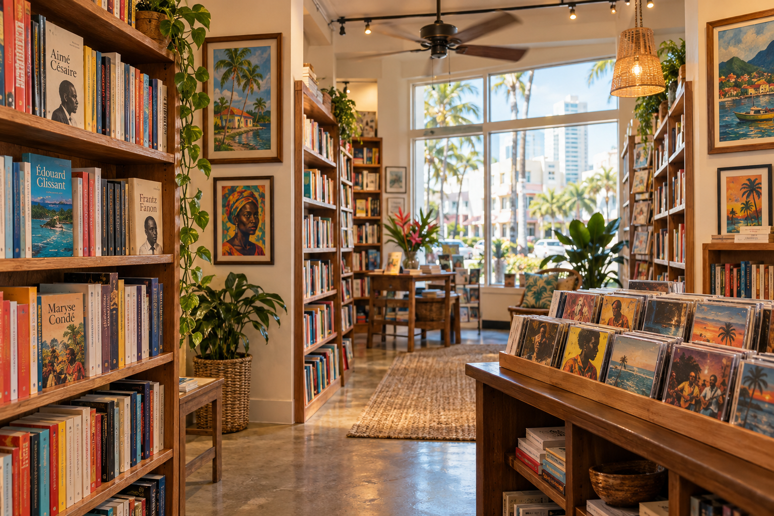Interior of a small Haitian bookstore lined with Creole and French titles, artwork and music