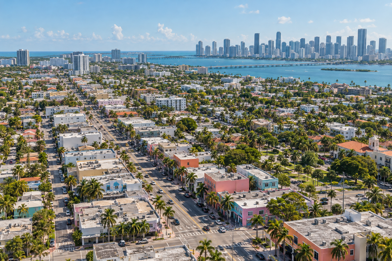 Aerial view of Little Havana neighborhood streets and low-rise buildings west of downtown Miami