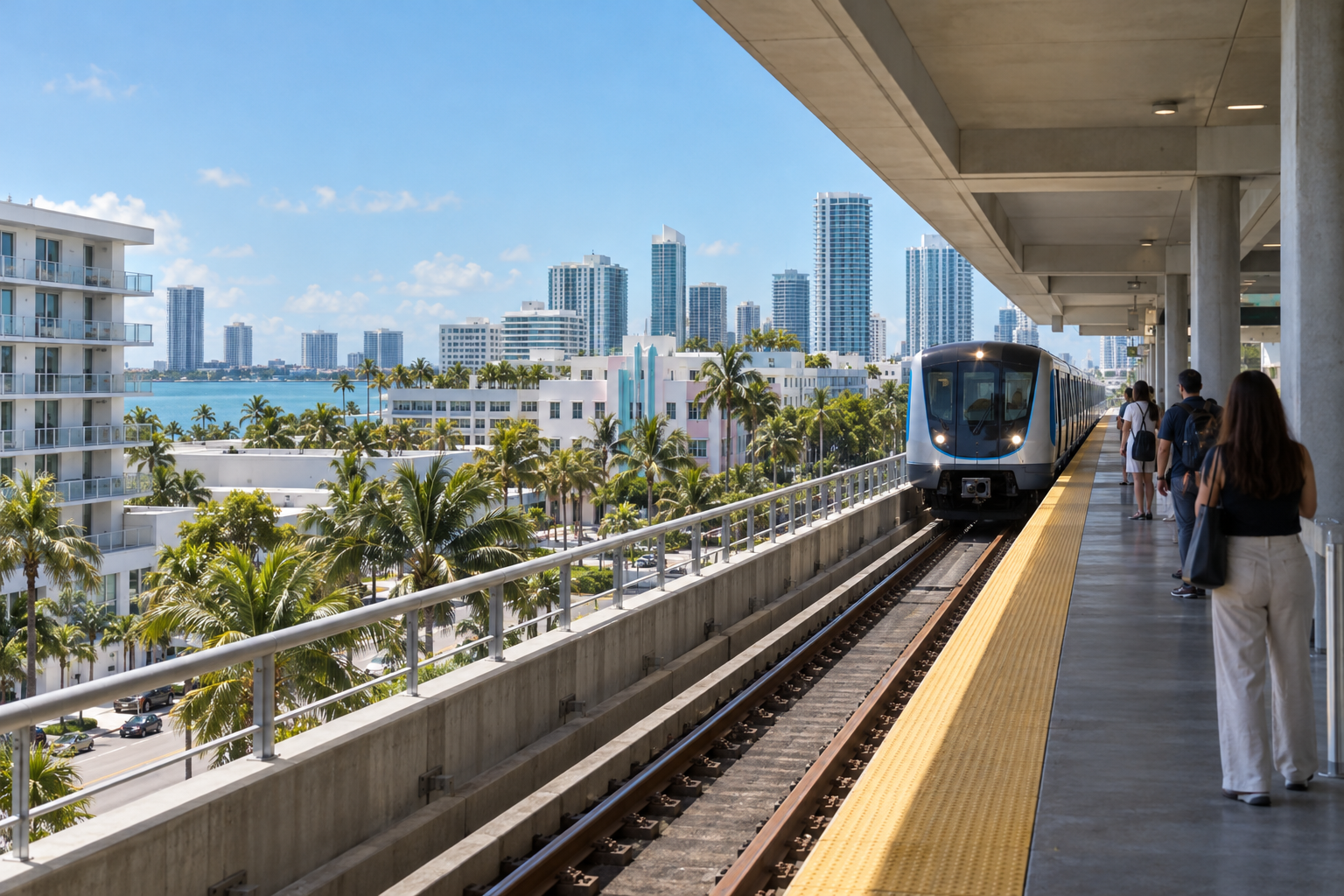 Brickell Metrorail station platform with train arriving on an elevated track above the street