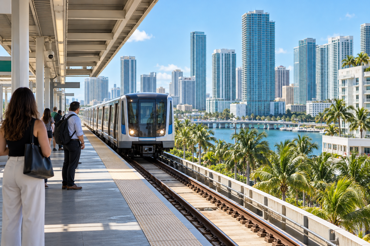 Brickell Metrorail station platform in Miami where commuters transfer to Metrobus Route 8 toward Little Havana