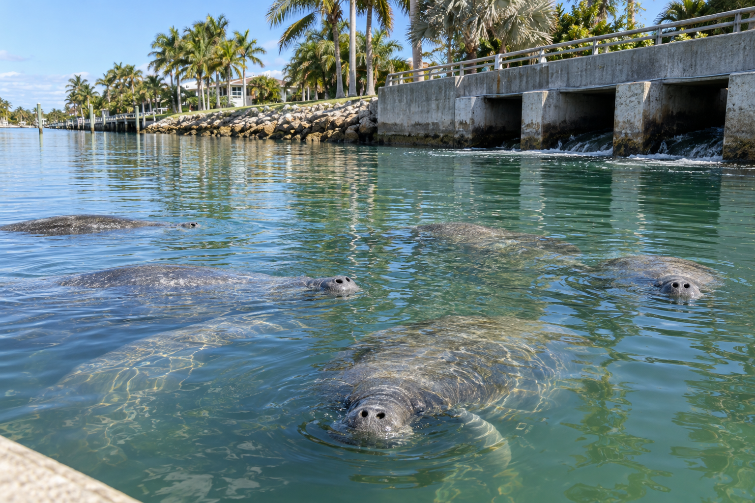 Several manatees clustered near a warm-water canal outflow on a cold South Florida winter morning