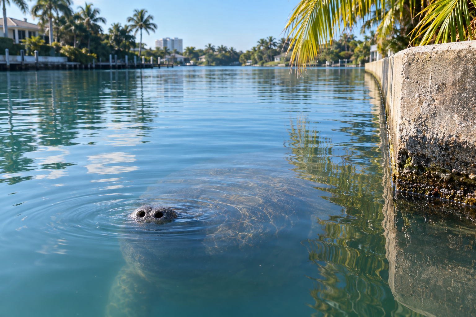 A cold winter morning on the South Florida Intracoastal Waterway with manatee nostrils breaking the calm surface near a concrete seawall