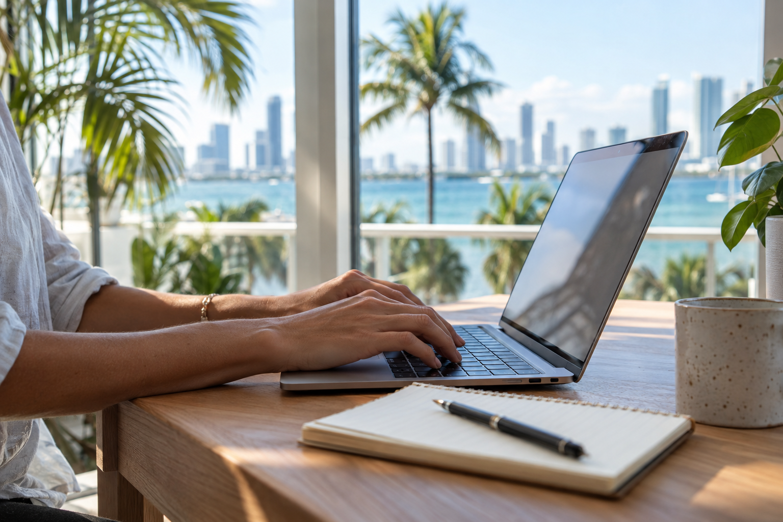 Person using a laptop at a desk to search Miami-Dade court records online