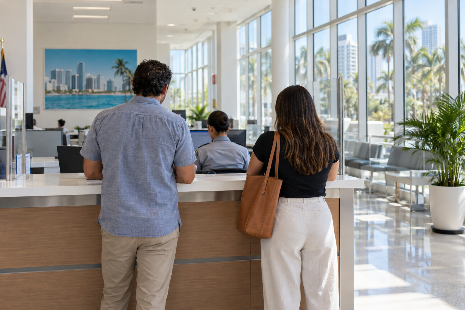 Couple at a government office counter obtaining a marriage license in Miami-Dade