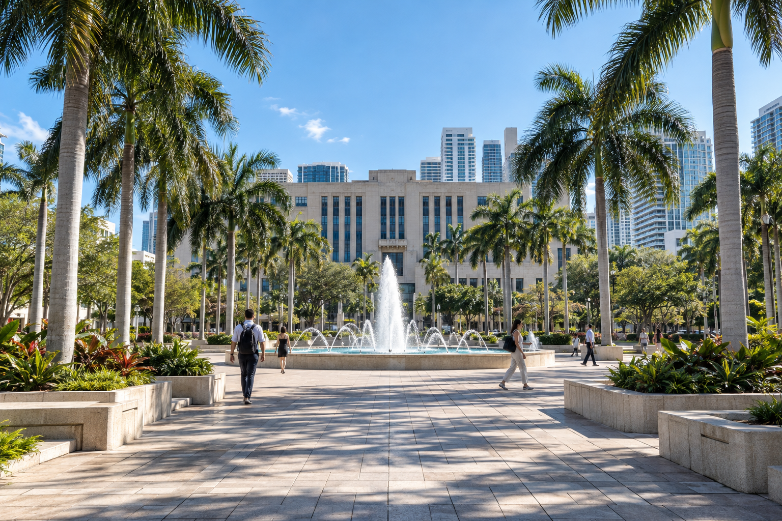 Pedestrian plaza at the Miami-Dade Cultural Center connecting the Main Library and HistoryMiami Museum