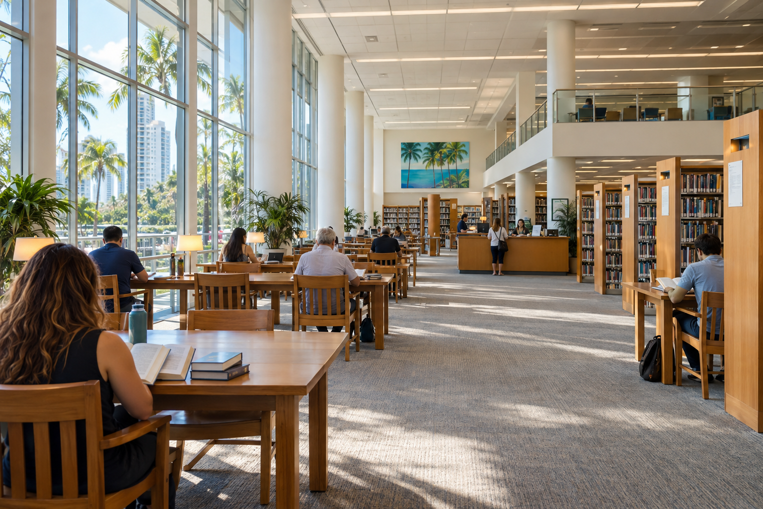 Interior reading room inside a large public library with tall shelves, natural light and patrons seated at tables