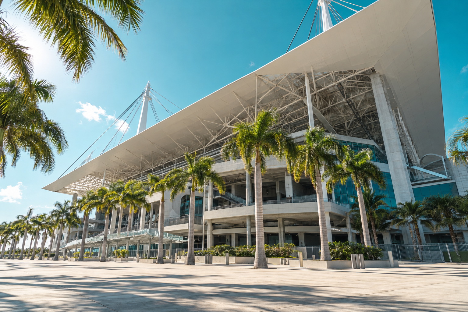 Hard Rock Stadium exterior facade and main entrance on a clear afternoon in Miami Gardens