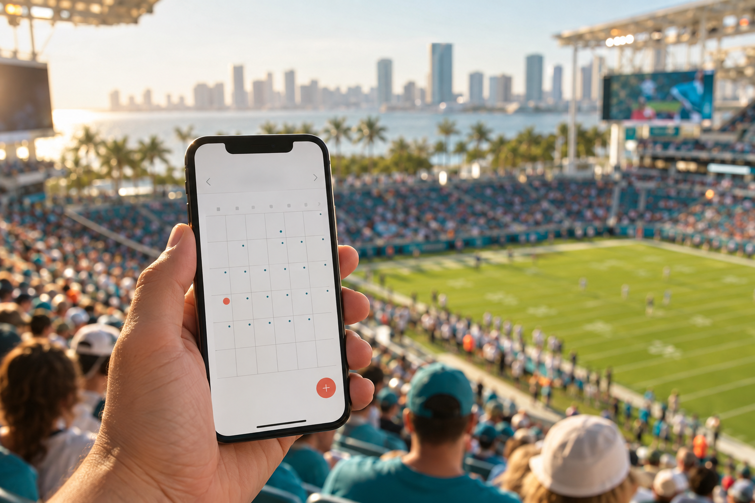 Person holding a smartphone displaying a sports calendar app while sitting in stadium seating with a sunny field in the background