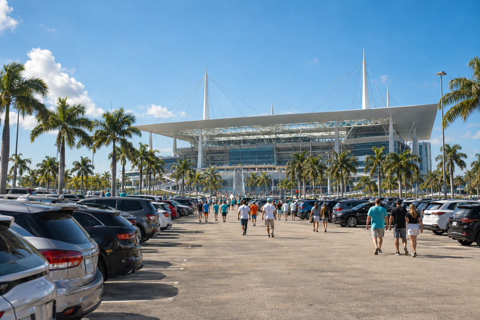 Crowds of fans walking across the sunny parking lot toward Hard Rock Stadium before a game