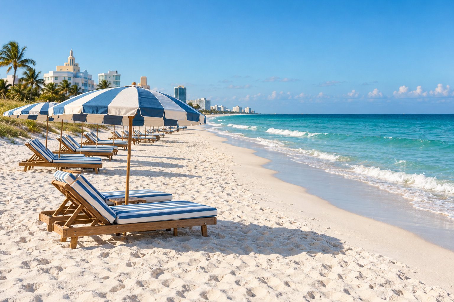 South Beach shoreline with white sand, turquoise Atlantic water, and colorful beach umbrellas on a sunny morning