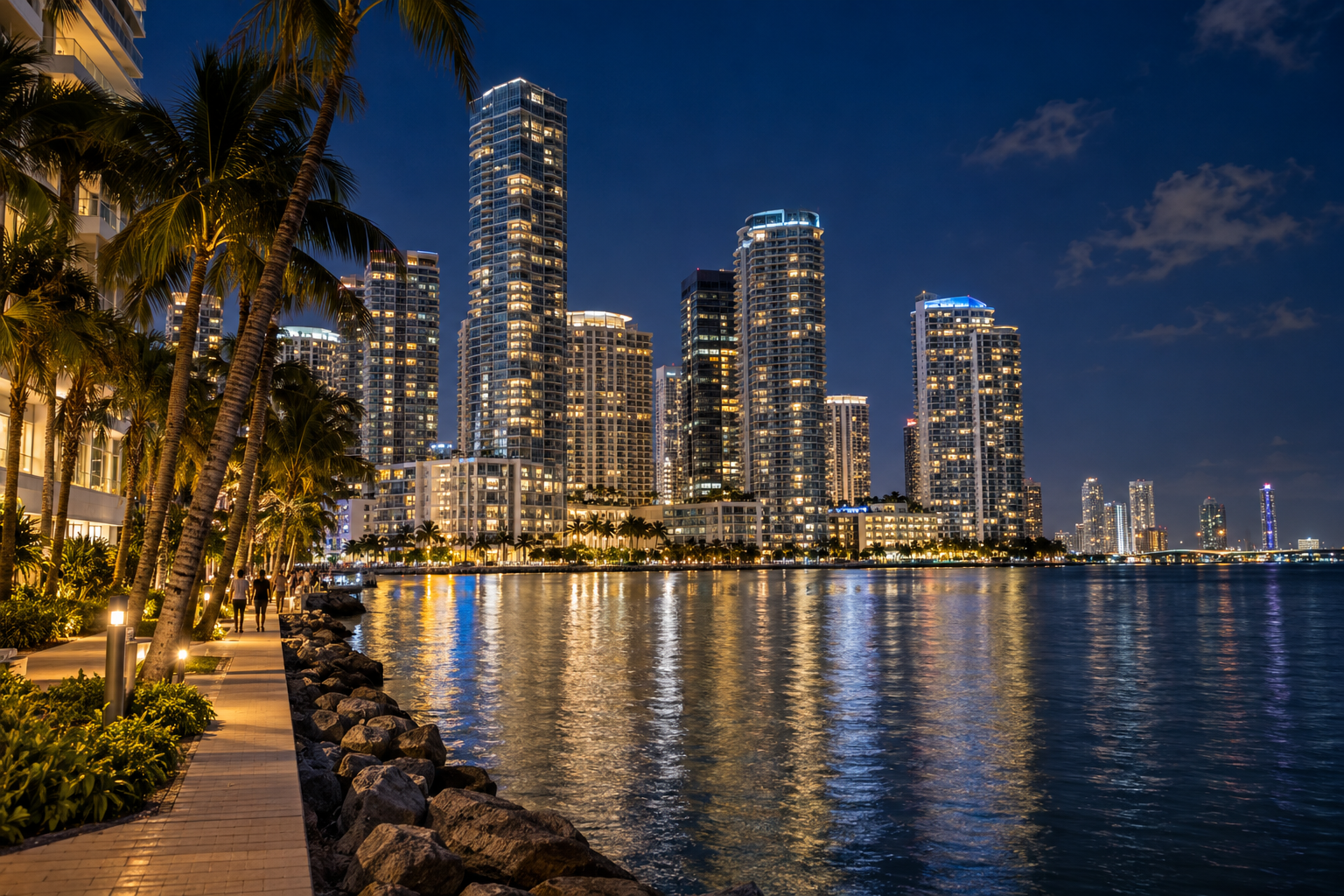 Brickell Miami neighborhood waterfront at night with illuminated modern towers reflected in Biscayne Bay