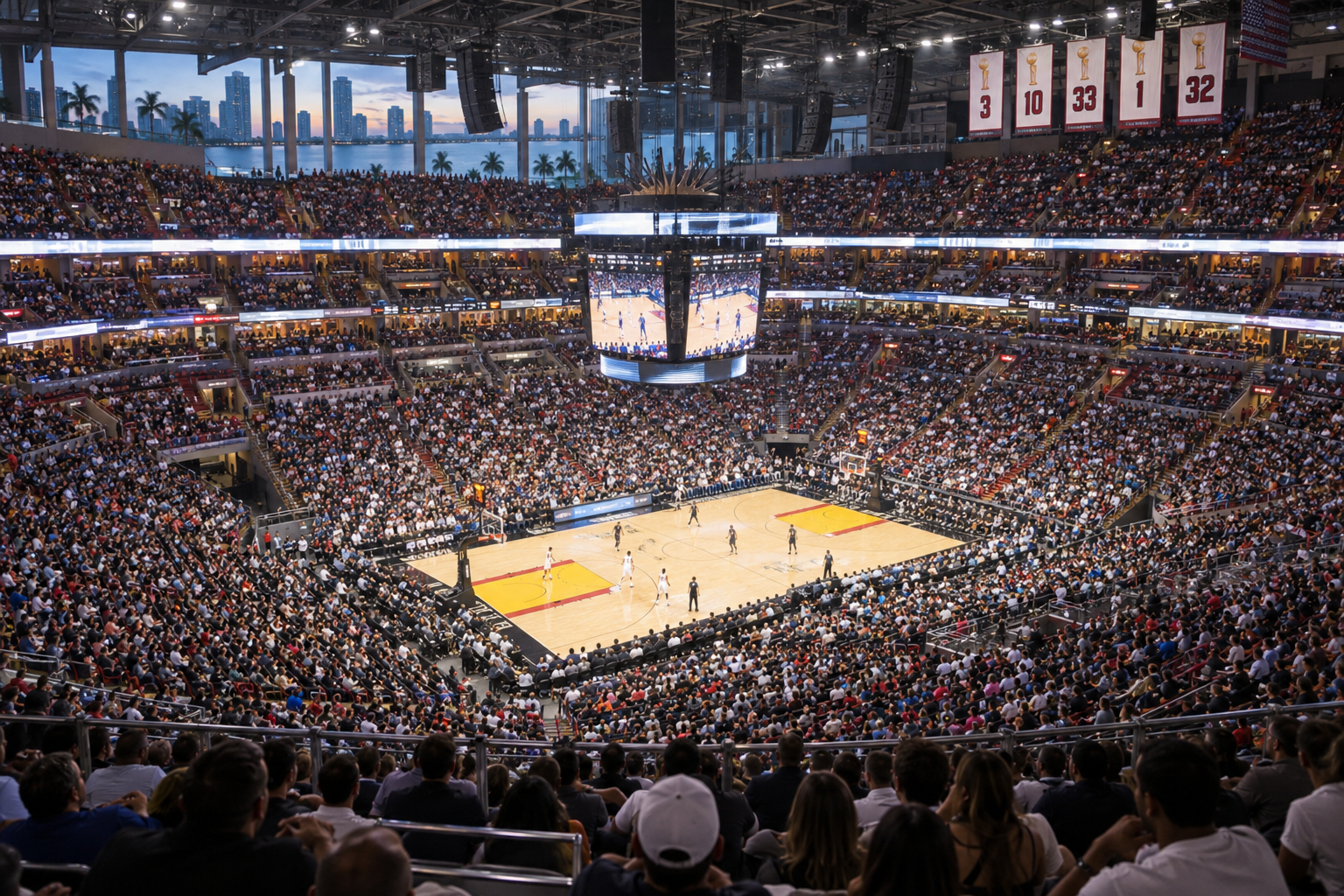 Interior of Kaseya Center arena filled with a sold-out crowd under bright arena lighting during a game