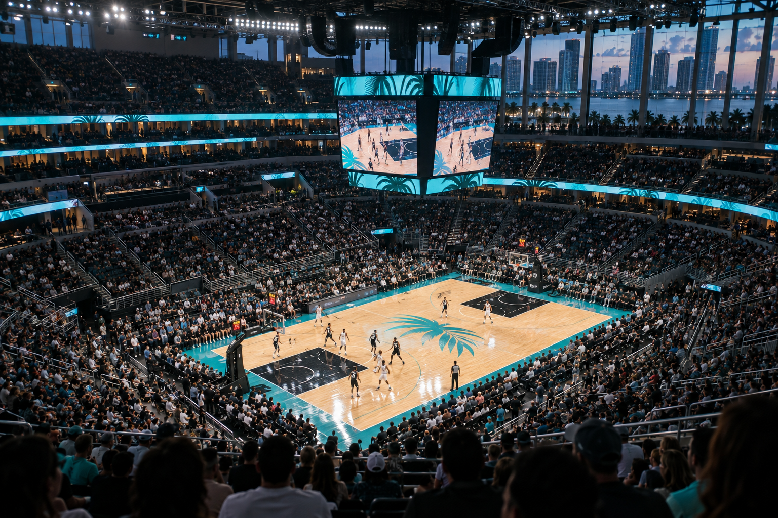 Interior view of Kaseya Center basketball court from the upper seating bowl
