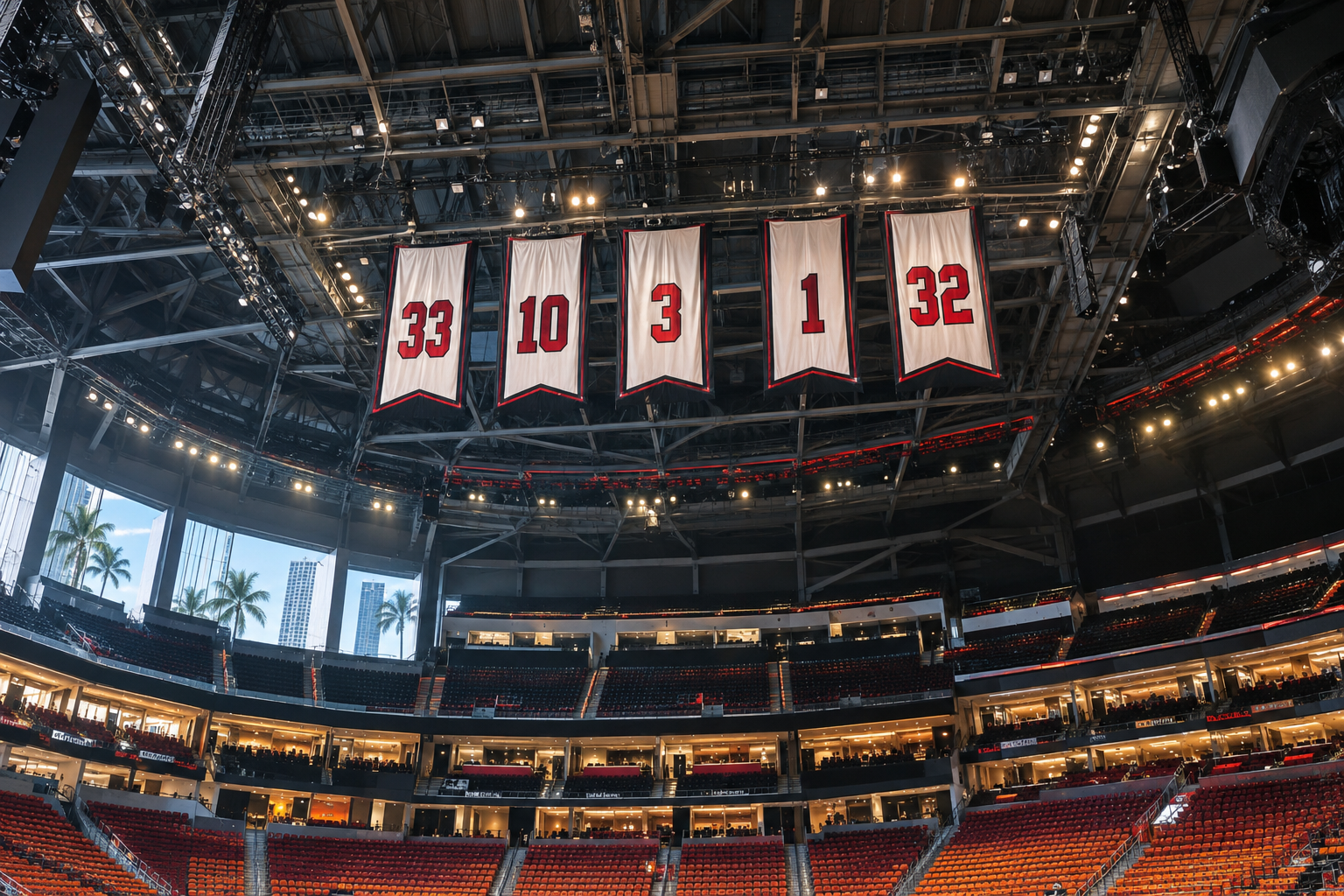 Retired number banners hanging from the rafters inside Kaseya Center