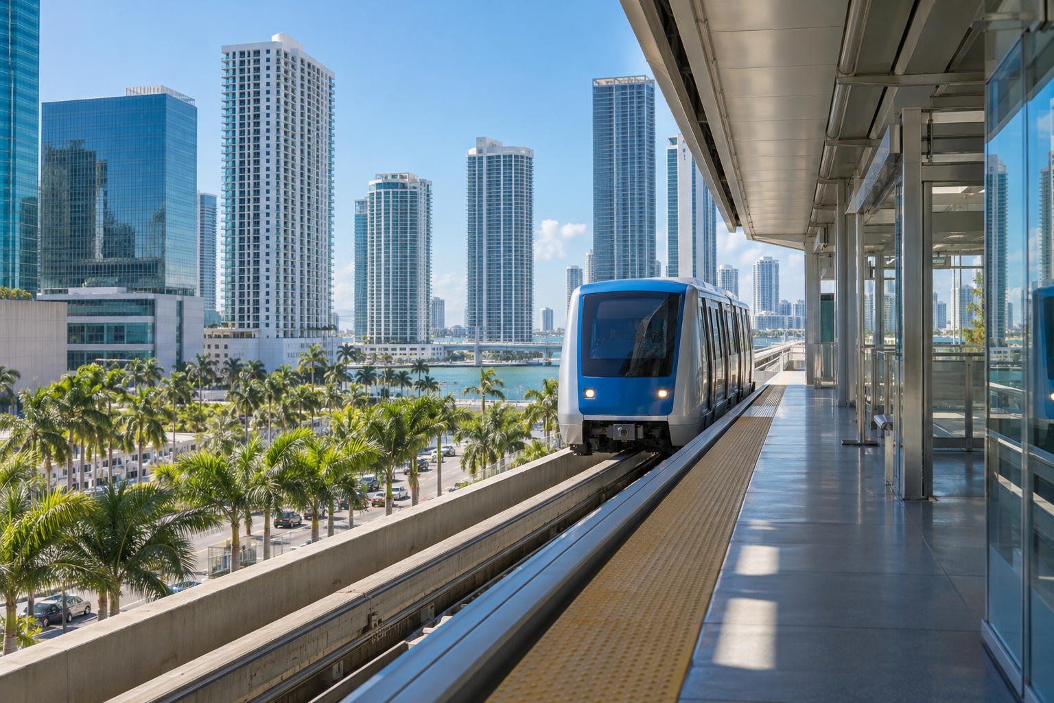 Metromover elevated rail station near Kaseya Center in downtown Miami