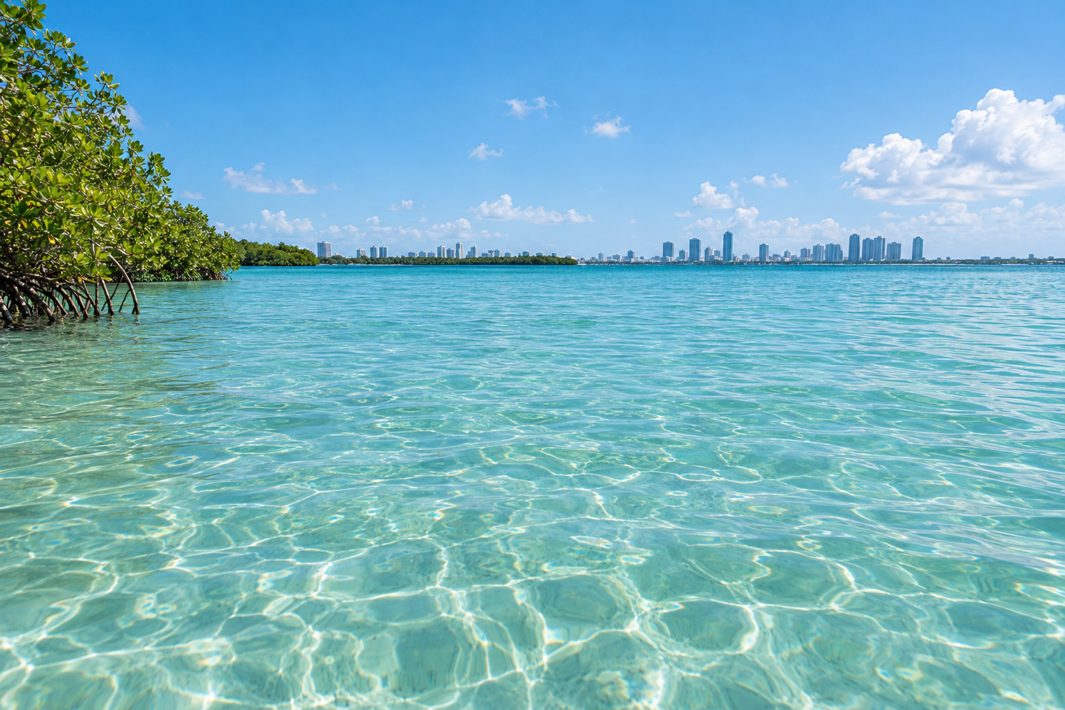Biscayne Bay shallow waters with Miami's flat low-lying coastline visible in the background