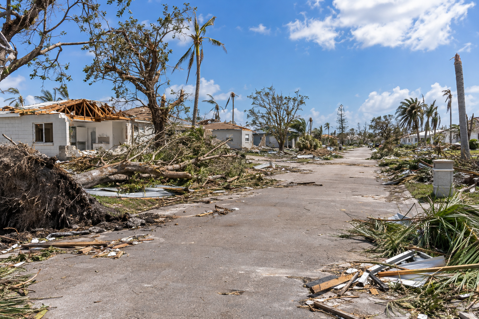 Homestead neighborhood showing destroyed homes and downed trees left by Hurricane Andrew in 1992