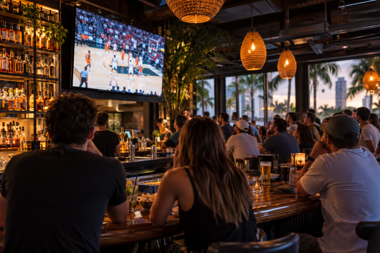 Fan watching a March Madness broadcast on a large screen at a sports bar in Miami