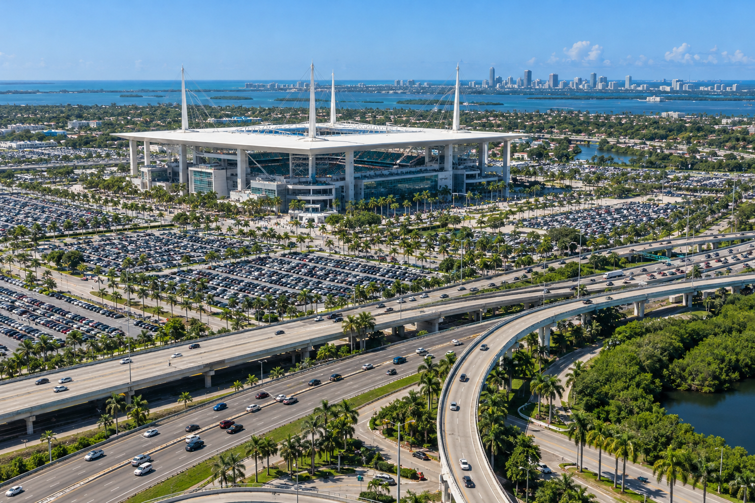 Aerial view of Hard Rock Stadium surrounded by highway interchanges and parking lots in Miami Gardens