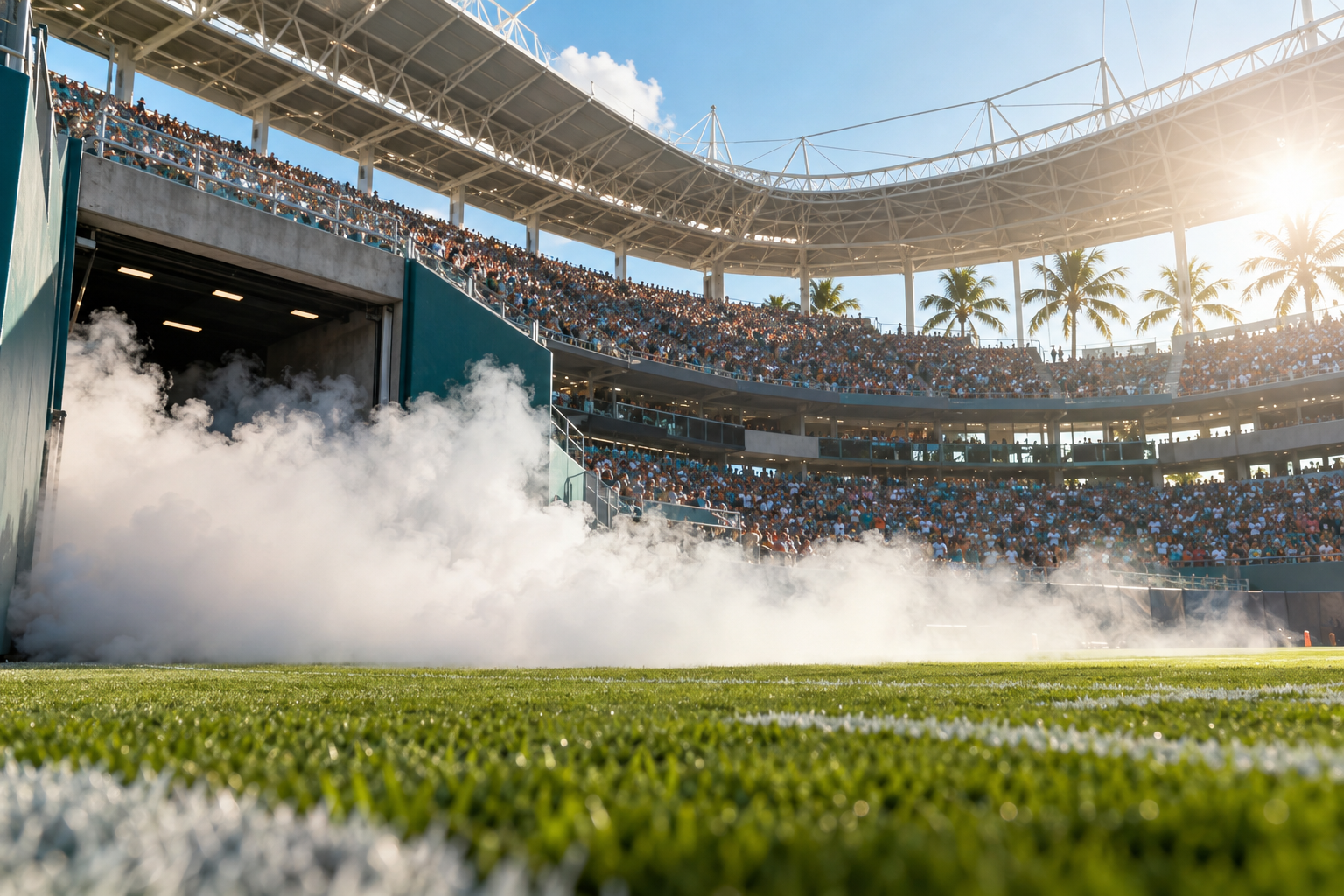 Smoke billowing across a college football field at a stadium entrance tunnel before kickoff
