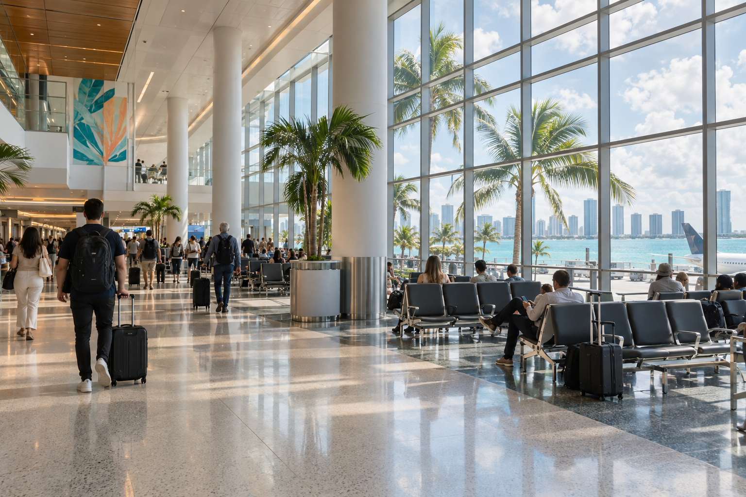 Interior of a Miami International Airport concourse with gates and seating areas