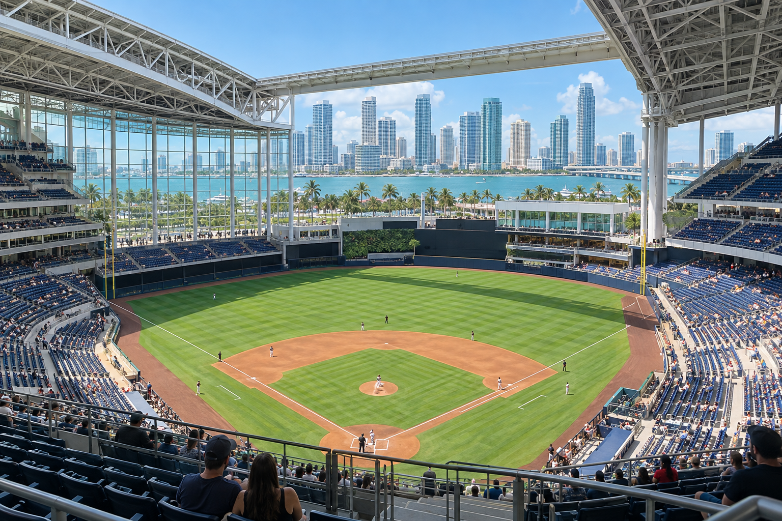 Interior view of loanDepot park seating bowl looking toward the field with the retractable roof open and Miami skyline visible through left-field glass panels