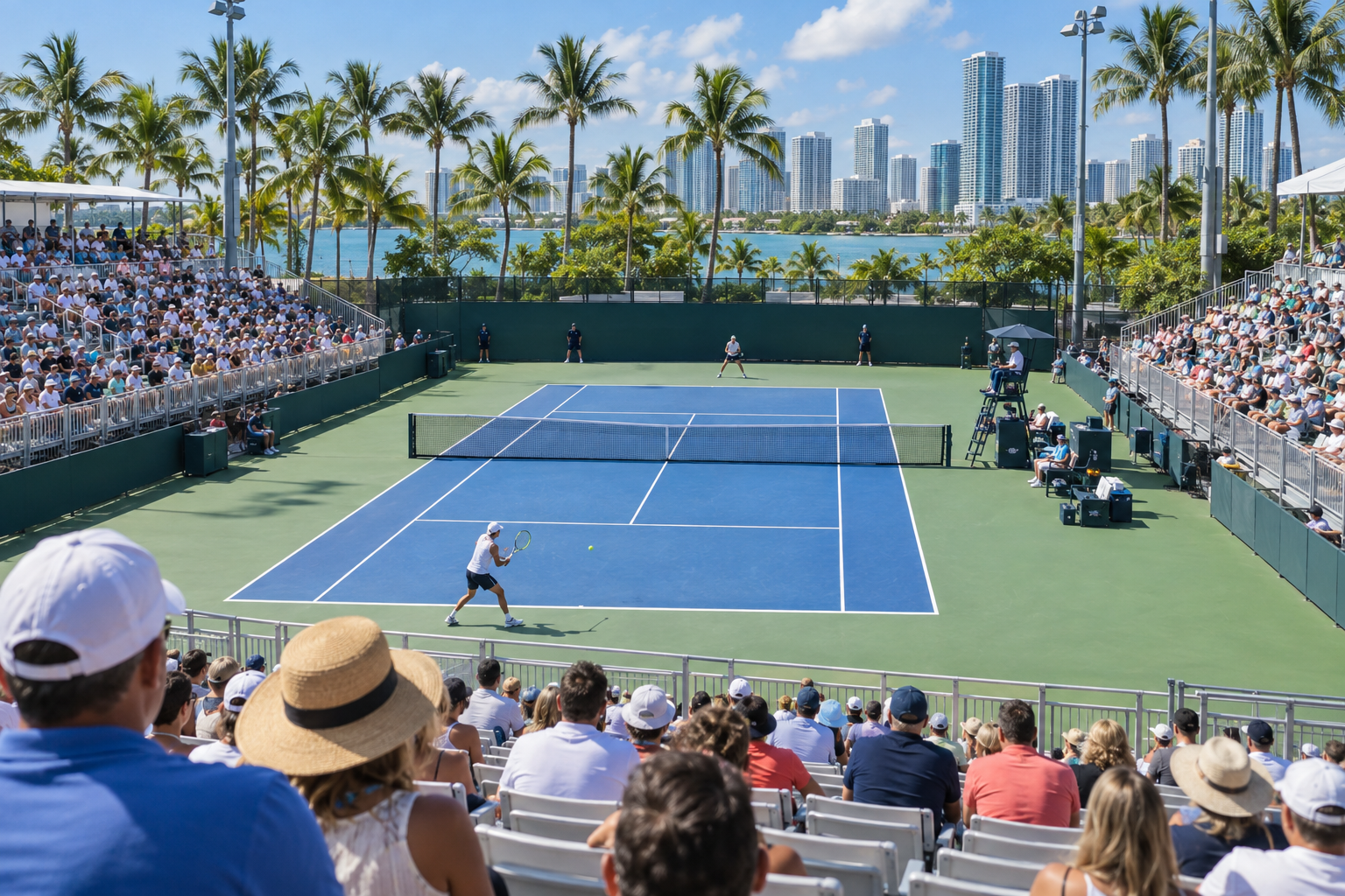 Packed outer courts at a professional tennis tournament during early-round play on a sunny afternoon