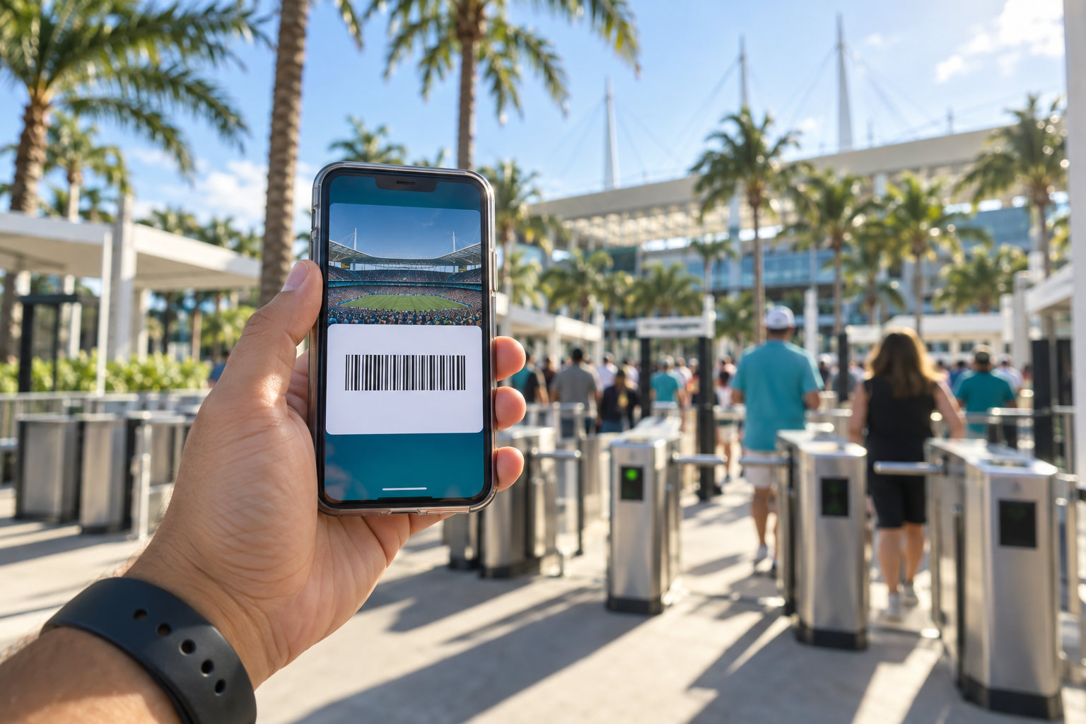Person holding a smartphone displaying a mobile ticket at a large outdoor sporting event