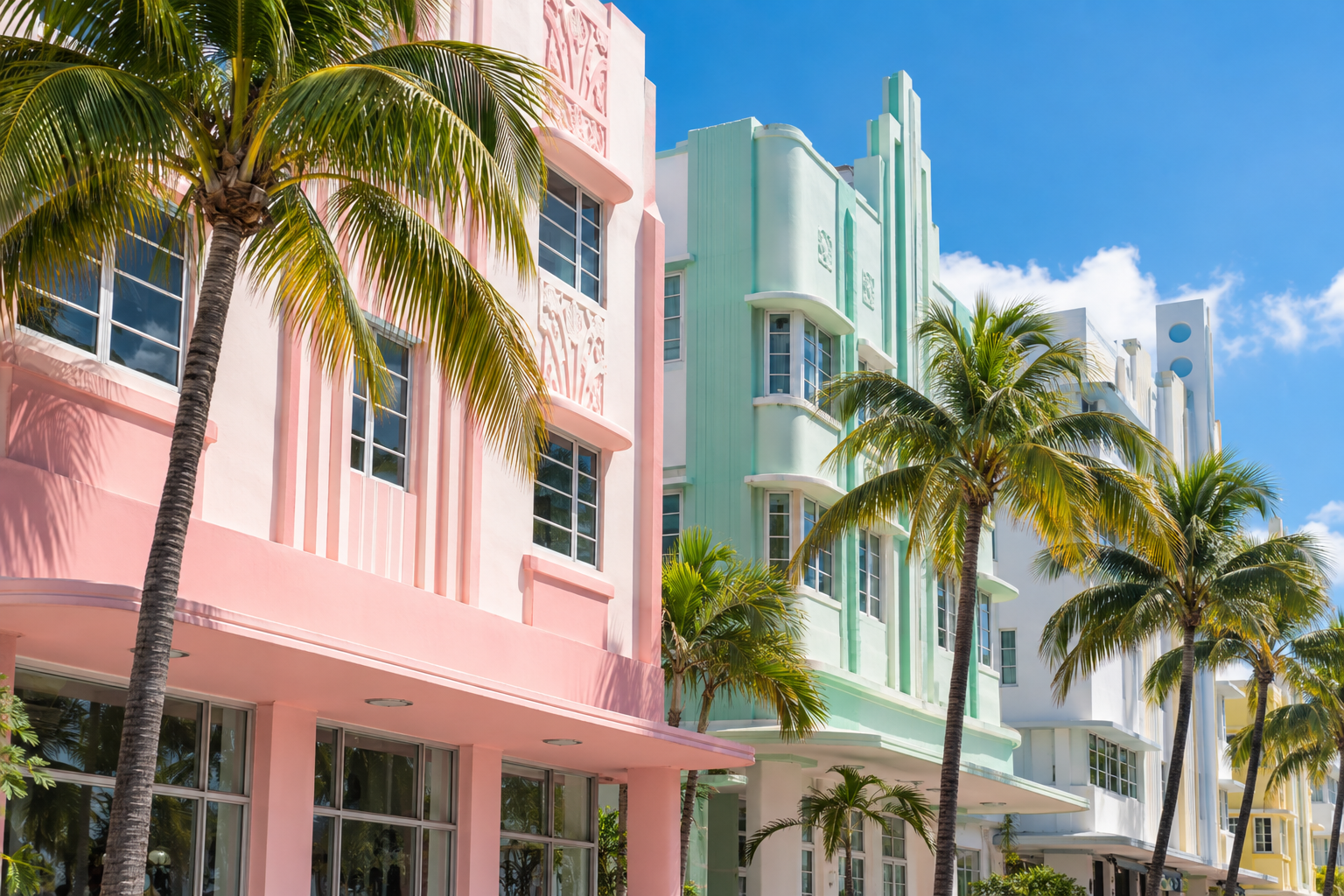 Restored pastel Art Deco facades on Ocean Drive reflecting the color palette made famous by Miami Vice