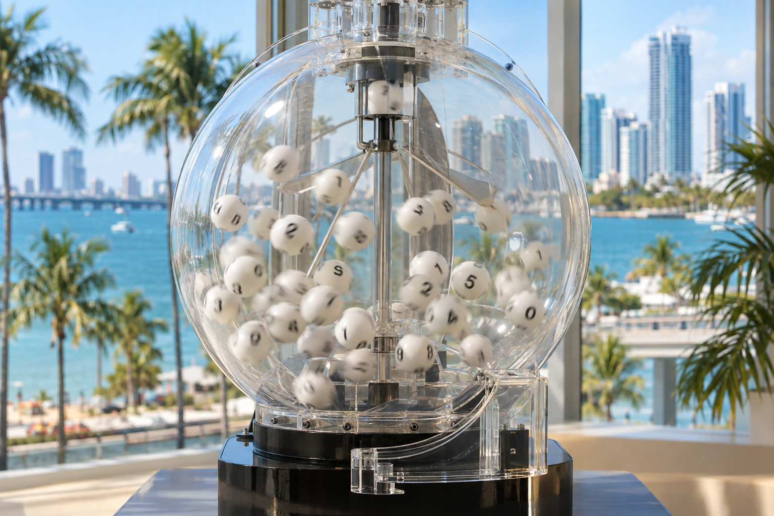 Lottery ball machine mid-draw with numbered balls tumbling inside a clear drum