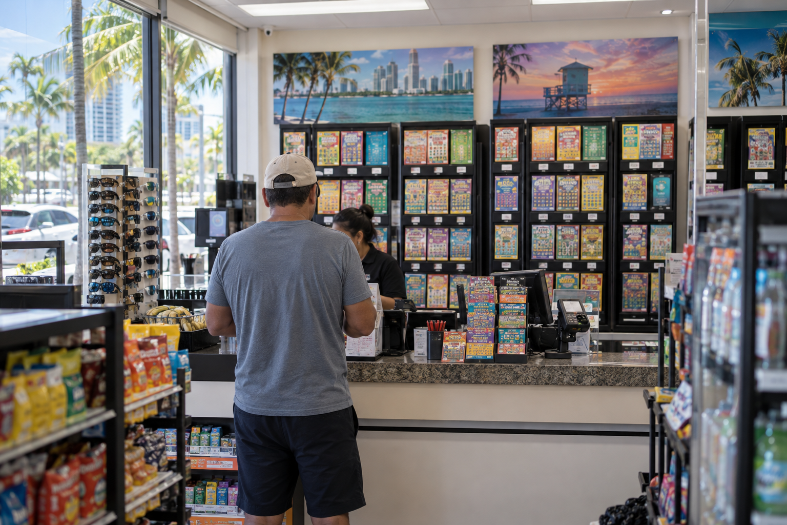 Florida Lottery retailer display counter with ticket machines inside a convenience store